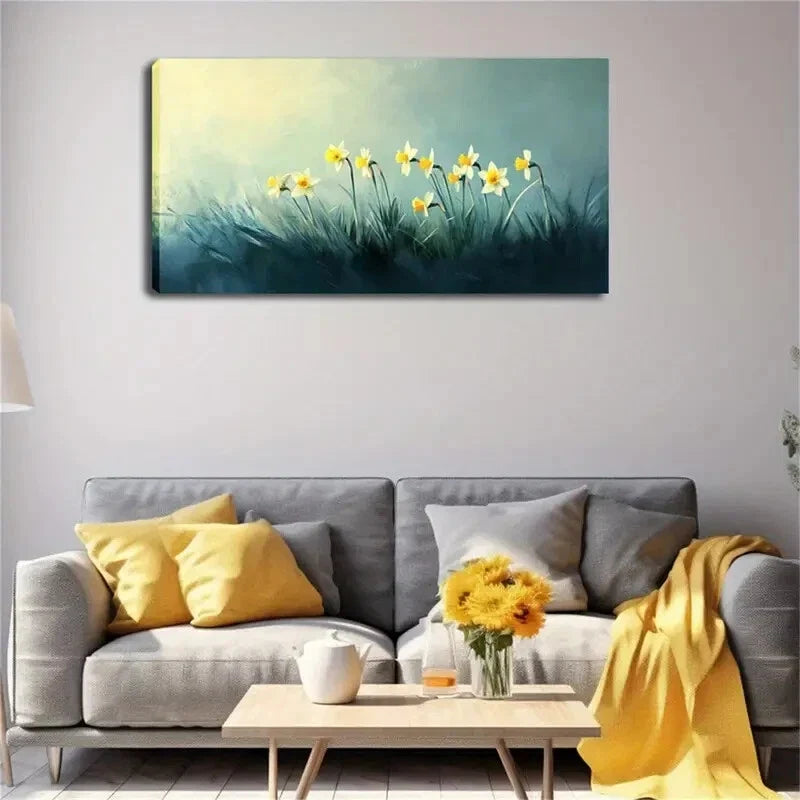 White & Yellow Floral Modern Wall Art Canvas Office Home Room Framed 120x60cm