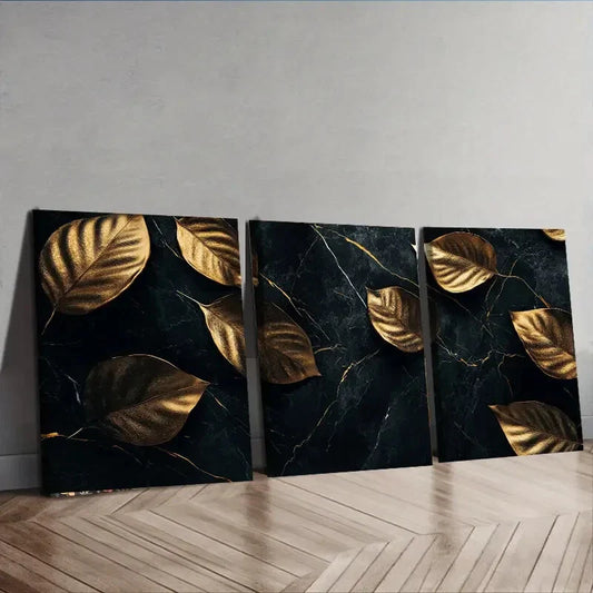 3pcs Black and Gold Plants Nature Leaf Perfect Wall Art Set Canvas Framed 40x60cm - High Quality Print 100% Australian Made Wall Canvas Ready to Hang