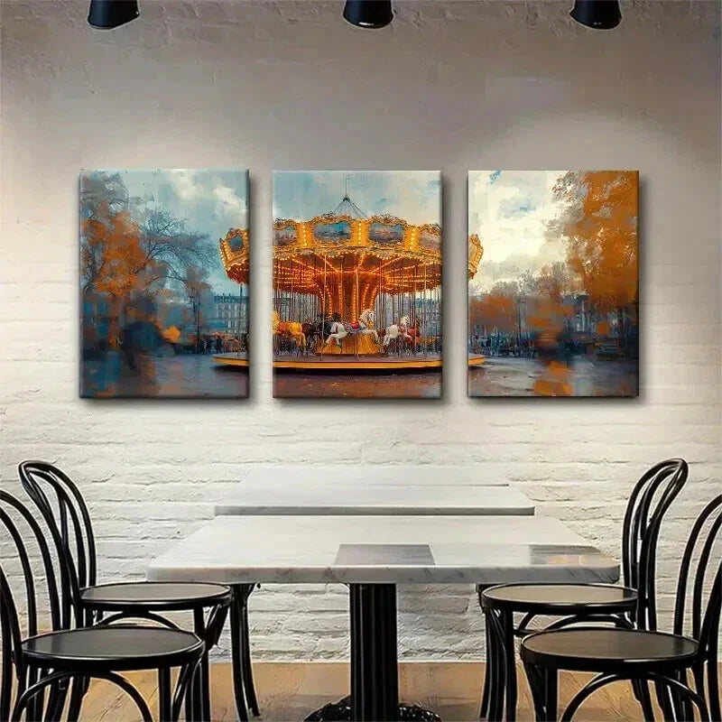 3pcs Vintage Carousel in Autumn Park Perfect Wall Art Set Canvas Framed 40x60cm - High Quality Print 100% Australian Made Wall Canvas Ready to Hang