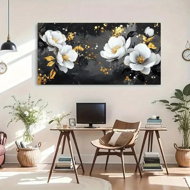 Elegant Flowers Golden Accents Wall Art Canvas Office Home Room Framed 120x60cm