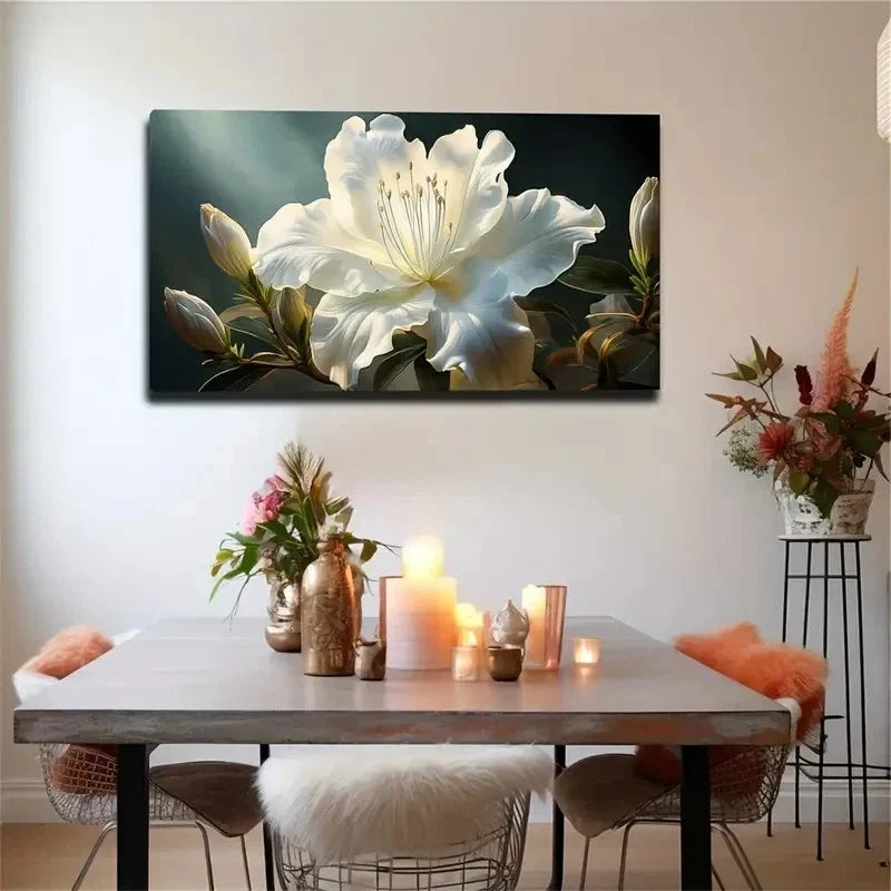 Modern White Flowers & Green Wall Art Canvas Office Home Room Framed 120x60cm