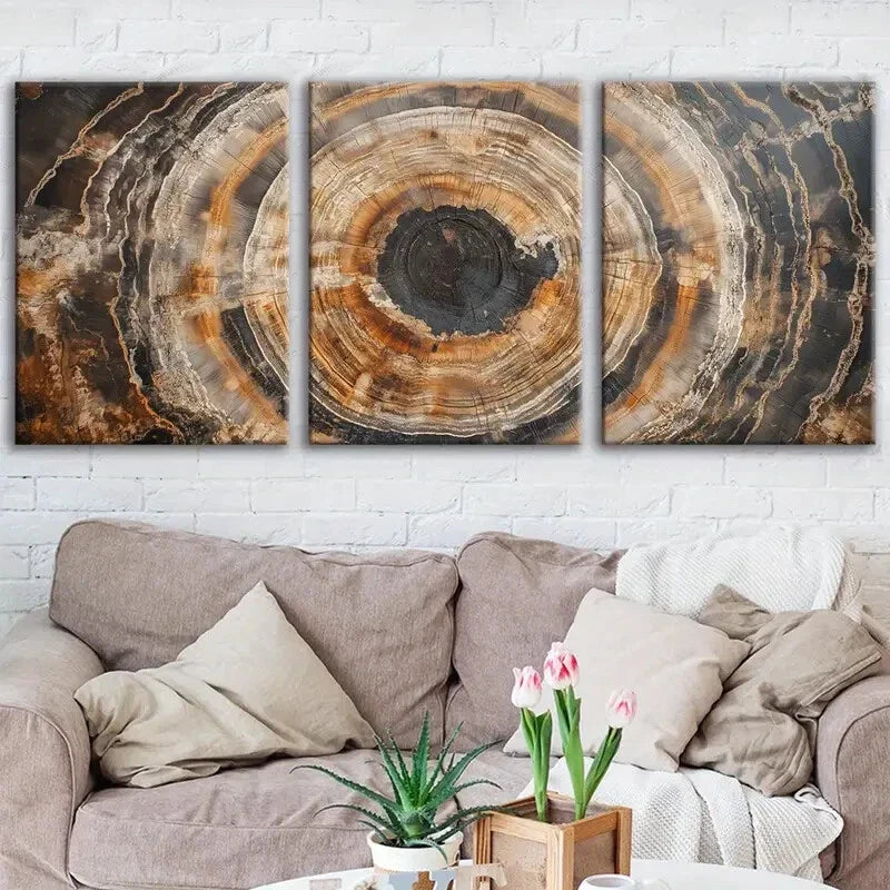 3pcs Abstract Tree Ring Brown Black Gold White Wall Art Set Canvas Framed 40x60cm - High Quality Print 100% Australian Made Wall Canvas Ready to Hang