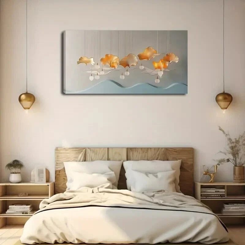 Golden Ginkgo Leaves White Wall Art Canvas Office Home Room Framed 120x60cm