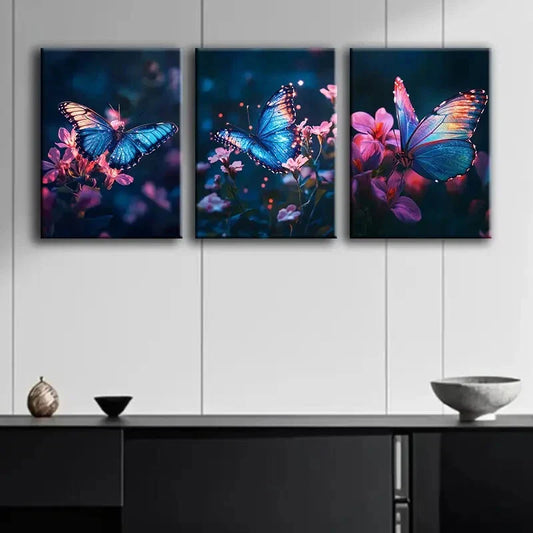 3pcs Glowing Butterfly Flowers Colorful Perfect Wall Art Set Canvas Framed 40x60cm - High Quality Print 100% Australian Made Wall Canvas Ready to Hang