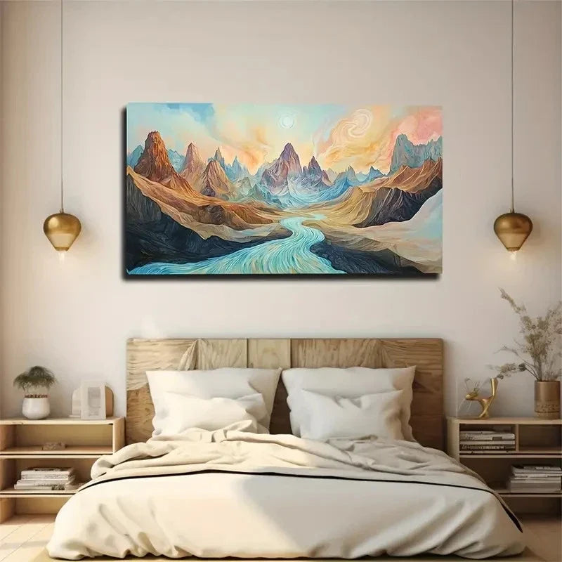 Abstract River Mountain Nature Wall Art Canvas Office Home Room Framed 120x60cm