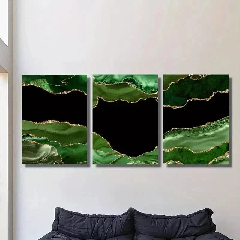 3pcs Dark Green Stone Texture with Golden Accent Wall Art Set Canvas Framed 40x60cm - High Quality Print 100% Australian Made Wall Canvas Ready to Hang