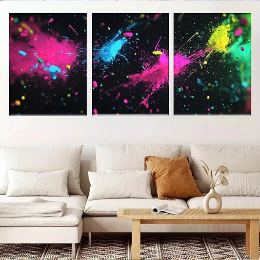3pcs Vibrant Abstract Neon Paint Splash  Wall Art Set Canvas Framed 40x60cm - High Quality Print 100% Australian Made Wall Canvas Ready to Hang