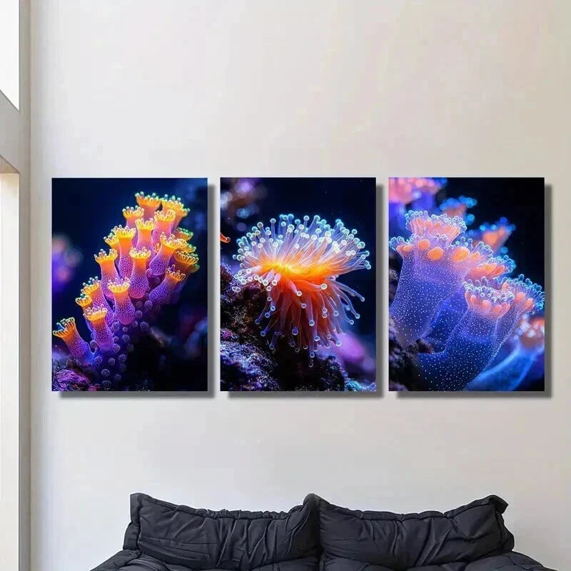 3pcs Luminous Underwater Coral and Marine Life Wall Art Set Canvas Framed 40x60cm - High Quality Print 100% Australian Made Wall Canvas Ready to Hang
