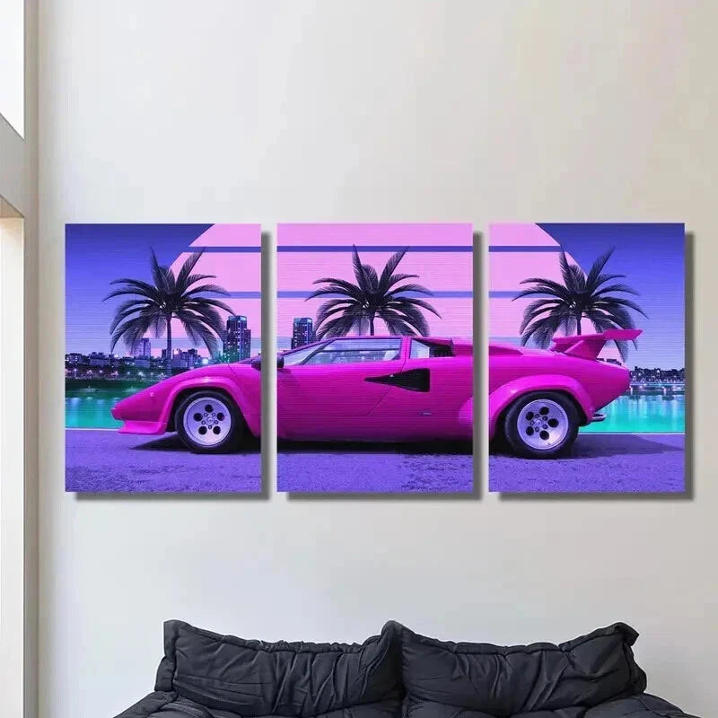 3pcs Vibrant Pink Sports Car Trees & Cityscape Wall Art Set Canvas Framed 40x60cm - High Quality Print 100% Australian Made Wall Canvas Ready to Hang