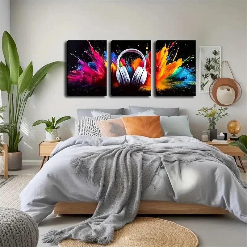 3pcs Vibrant Headphone Explosion  Wall Art Set Canvas Framed 40x60cm - High Quality Print 100% Australian Made Wall Canvas Ready to Hang