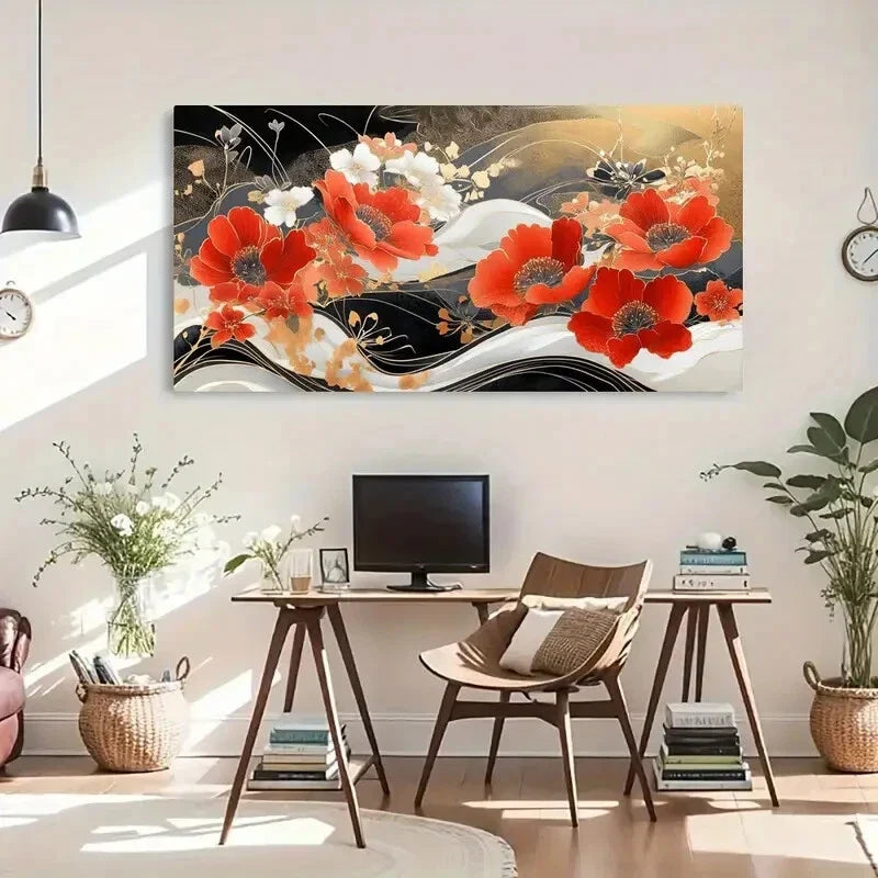 Red Poppy Golden Accents Wall Art Canvas Office Home Room Framed 120x60cm
