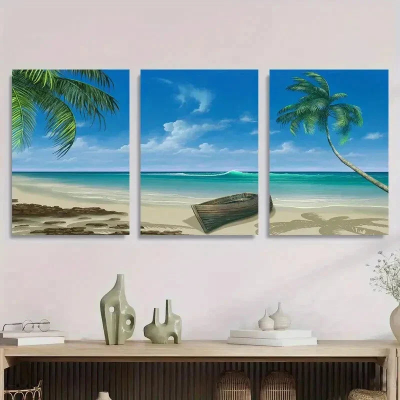 3pcs Palm Tree and Boat Tropical Beach Metal Print Ready to Hang Art