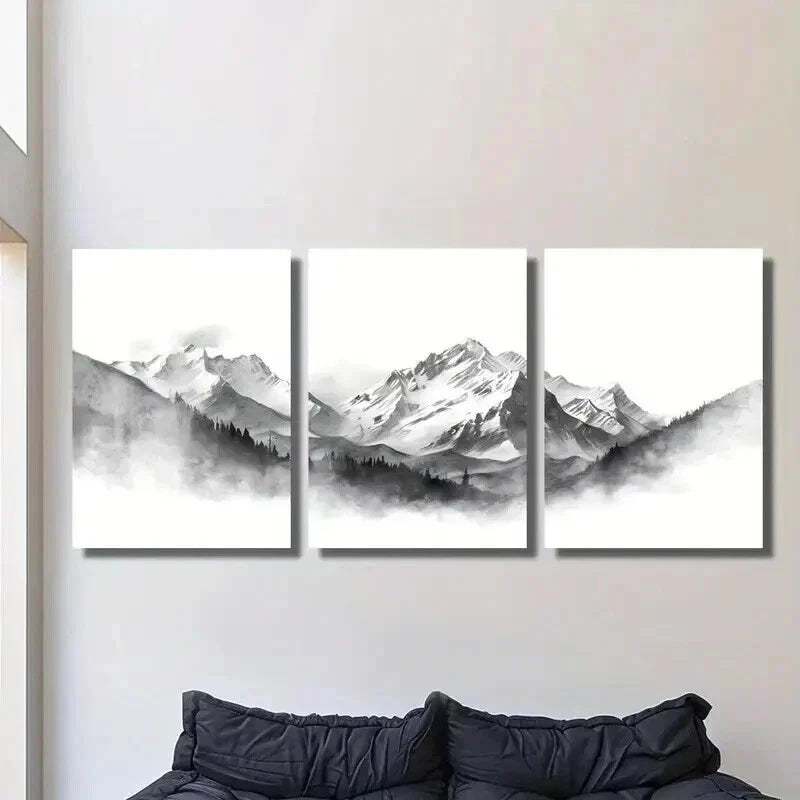 3pcs Snow Capped Peaks and Foggy Forest Scenery Wall Art Set Canvas Framed 40x60cm - High Quality Print 100% Australian Made Wall Canvas Ready to Hang