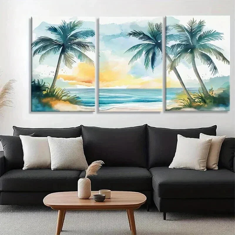 3pcs Tropical Palm Trees and Beach Decor Wall Art Set Canvas Framed 40x60cm - High Quality Print 100% Australian Made Wall Canvas Ready to Hang