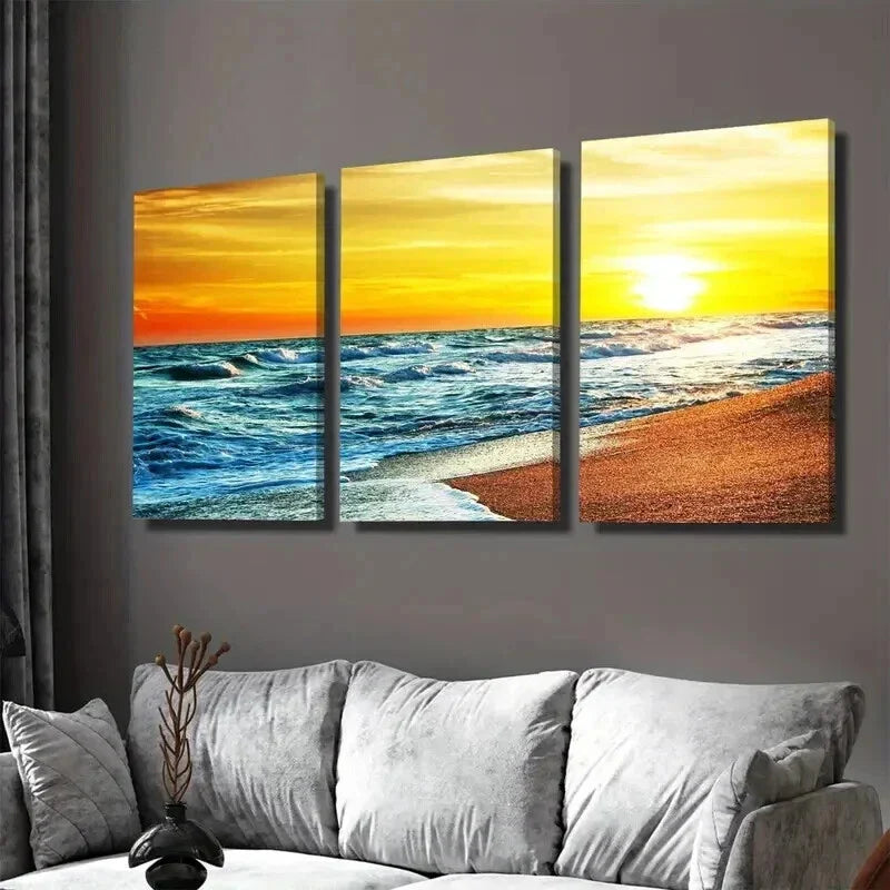 3pcs Ocean Waves & Sandy Shoreline Sunset Beach Wall Art Set Canvas Framed 40x60cm - High Quality Print 100% Australian Made Wall Canvas Ready to Hang