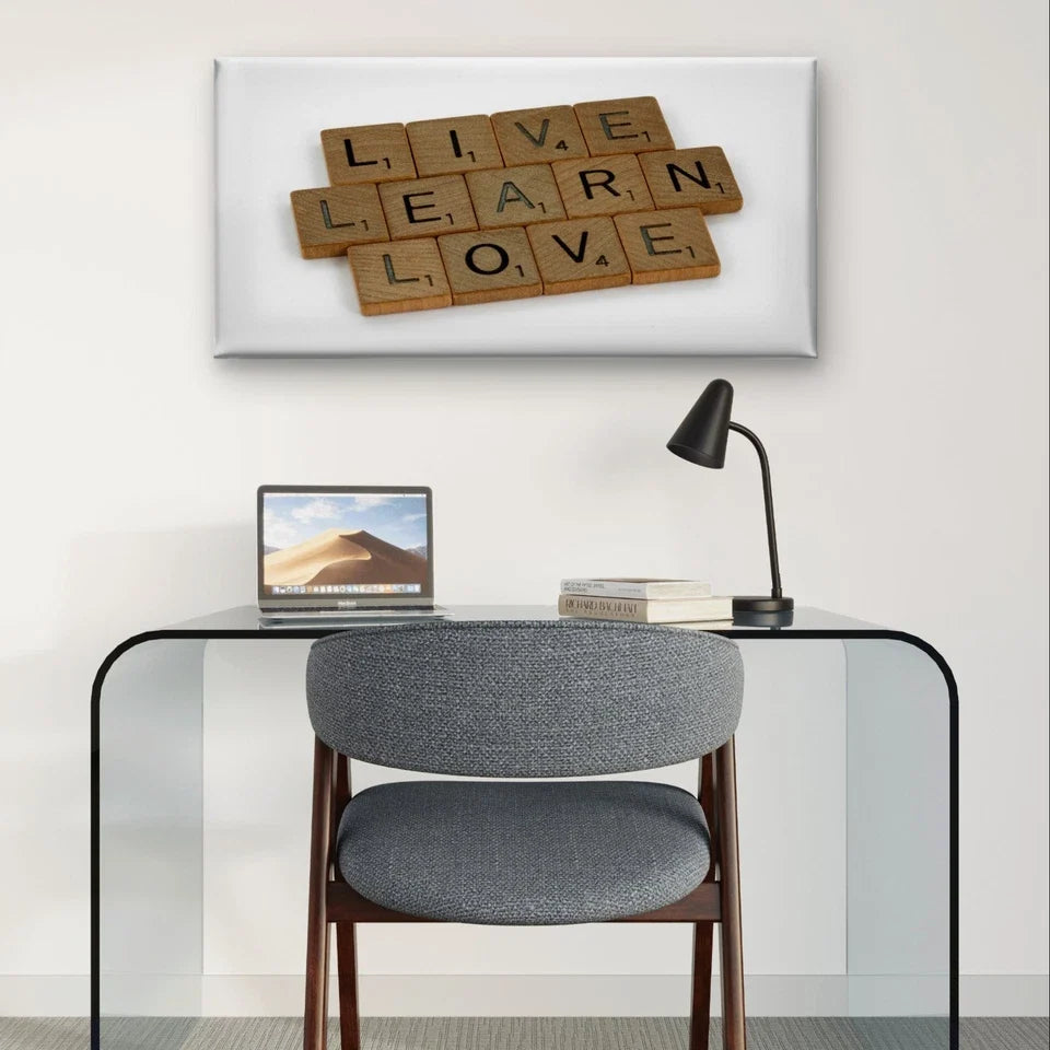 Live, Learn, Love Scrabble Tile Wall Art Canvas Office Home Framed 80x45cm