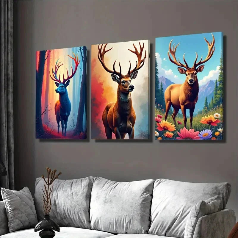 3pcs Colorful Deer Forest Wildlife & Floral Wall Art Set Canvas Framed 40x60cm - High Quality Print 100% Australian Made Wall Canvas Ready to Hang