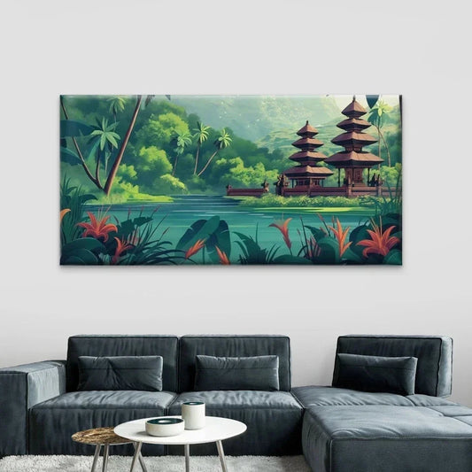 Tropical Jungle Temple Wall Art Canvas Office Home Room Framed 80x45cm