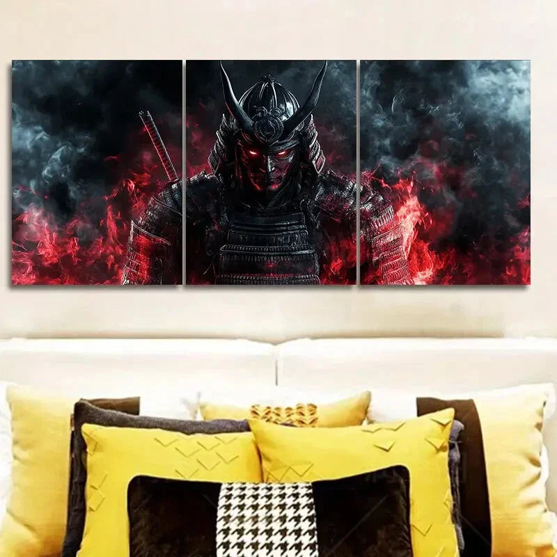 3pcs A crimson warrior with black horns Metal Print Ready to Hang Art