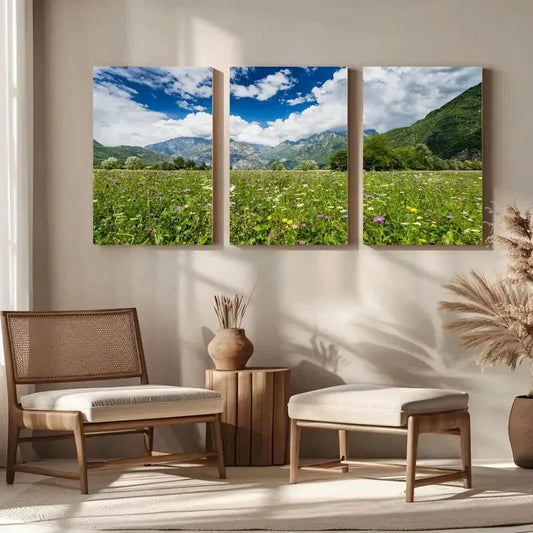 3pcs Light Blue Grass Yellow Flowers, Sky Metal Print Ready to Hang Art