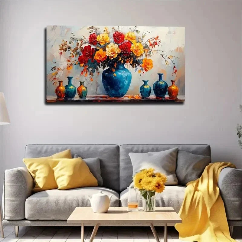 Floral Bouquet Blue Vase Wall Art Canvas Office Home Room Framed 120x60cm