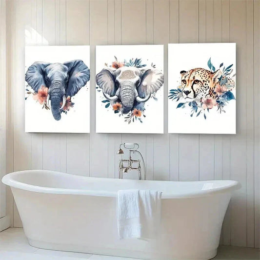 3pcs Elephants and Cheetah with Floral Perfect Wall Art Set Canvas Framed 40x60cm - High Quality Print 100% Australian Made Wall Canvas Ready to Hang