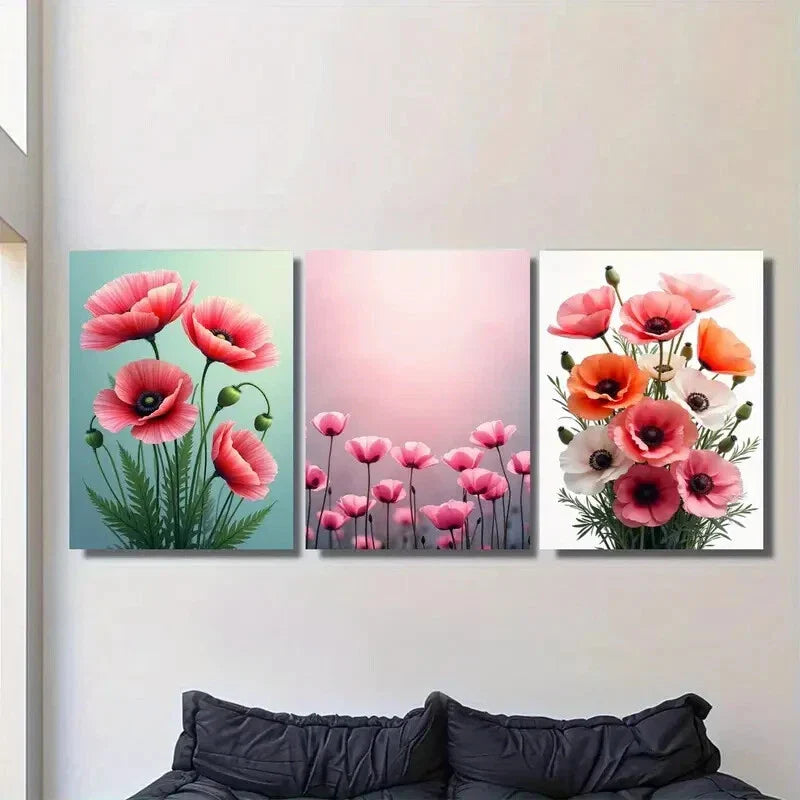 3pcs Beautiful Pink Poppy Flower Metal Print Ready to Hang Art