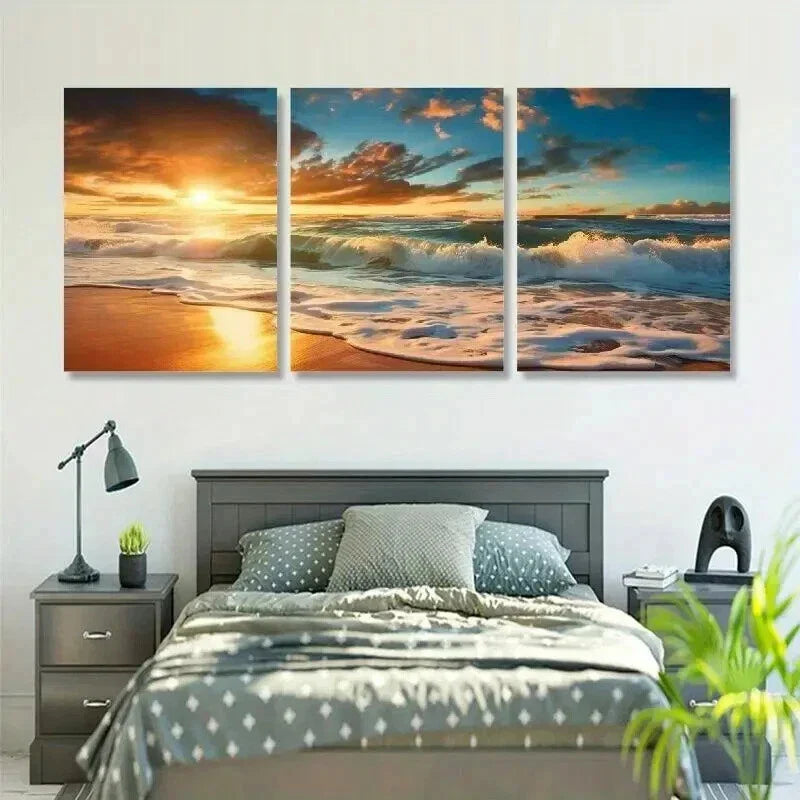 3pcs Ocean Waves & Sandy Shoreline at Sunset Wall Art Set Canvas Framed 40x60cm - High Quality Print 100% Australian Made Wall Canvas Ready to Hang