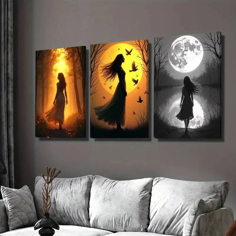 3pcs Sunset, Moonlight & Silhouette Classic Girl  Wall Art Set Canvas Framed 40x60cm - High Quality Print 100% Australian Made Wall Canvas Ready to Hang