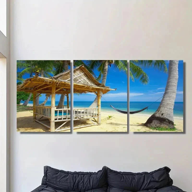 3pcs each Hut and Hammock Tropical Metal Print Ready to Hang Art