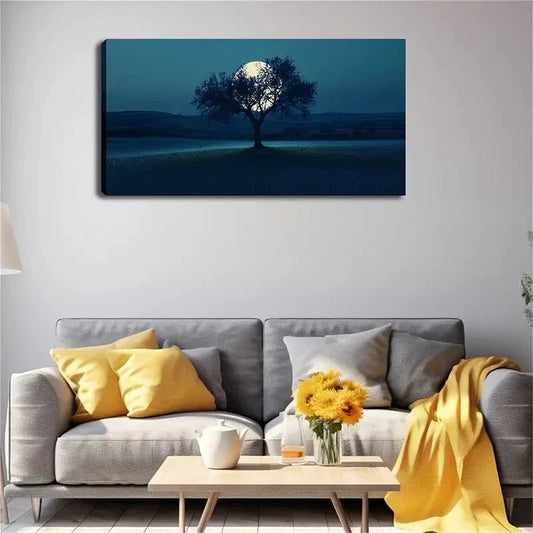 Moonlit Tree In Open Field Wall Art Canvas Office Home Room Framed 120x60cm