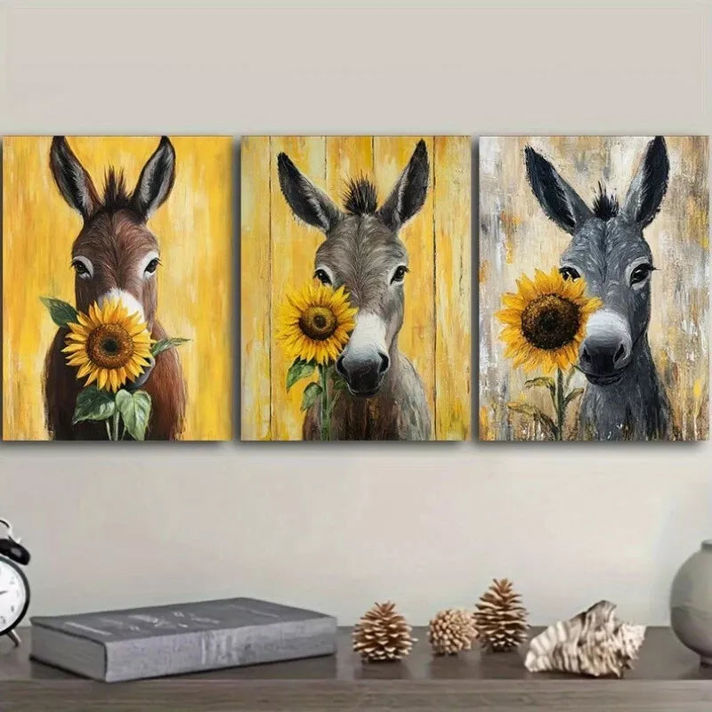3pcs an Adorable Donkey Adorned with a Sunflower Wall Art Set Canvas Framed 40x60cm - High Quality Print 100% Australian Made Wall Canvas Ready to Hang