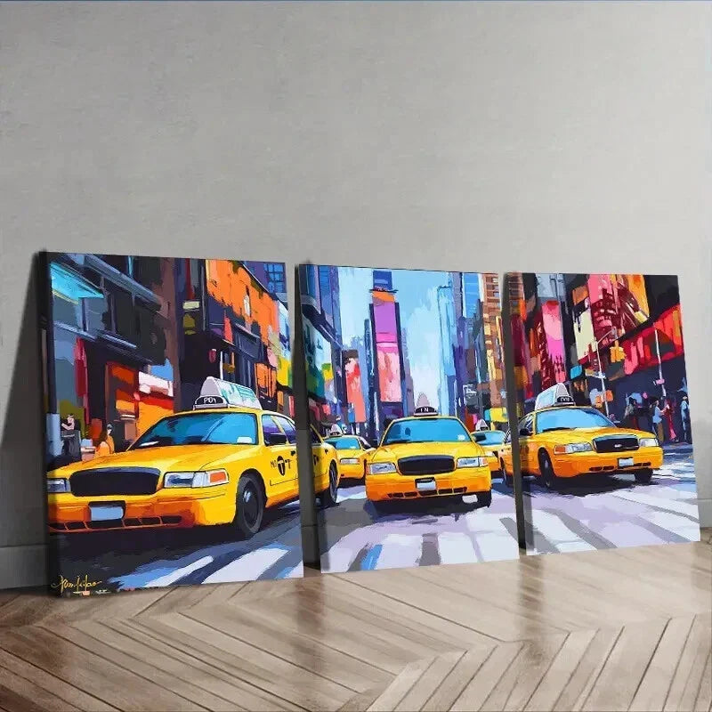 3pcs Urban Cabs in Cityscape Colorful Perfect Wall Art Set Canvas Framed 40x60cm - High Quality Print 100% Australian Made Wall Canvas Ready to Hang
