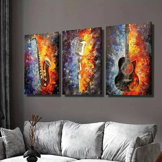 3pcs Colorful Saxophone Guitar Microphone Wall Art Set Canvas Framed 40x60cm - High Quality Print 100% Australian Made Wall Canvas Ready to Hang