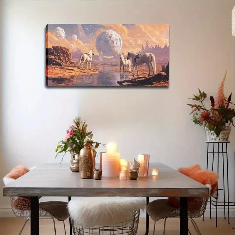 Three White Horses in Alien Wall Art Canvas Office Home Room Framed 120x60cm