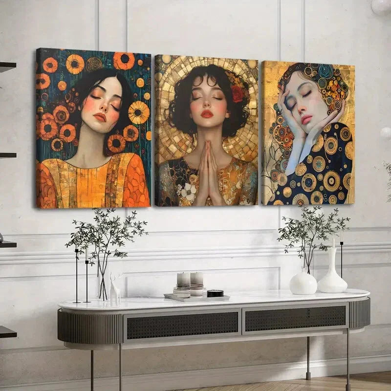 3pcs Abstract Women Black & Golden Red Rose Blue Wall Art Set Canvas Framed 40x60cm - High Quality Print 100% Australian Made Wall Canvas Ready to Hang
