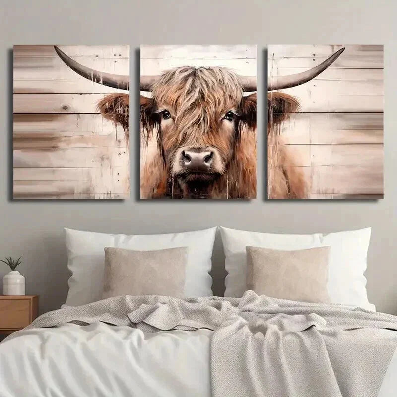 3pcs Highland Cow Modern Farmhouse Decor Wall Art Set Canvas Framed 40x60cm - High Quality Print 100% Australian Made Wall Canvas Ready to Hang