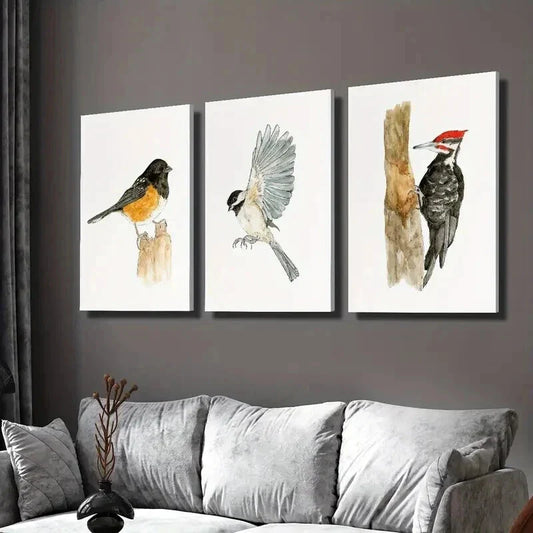 3pcs Thrush Carolina Chickadee Woodpecker Wall Art Set Canvas Framed 40x60cm - High Quality Print 100% Australian Made Wall Canvas Ready to Hang