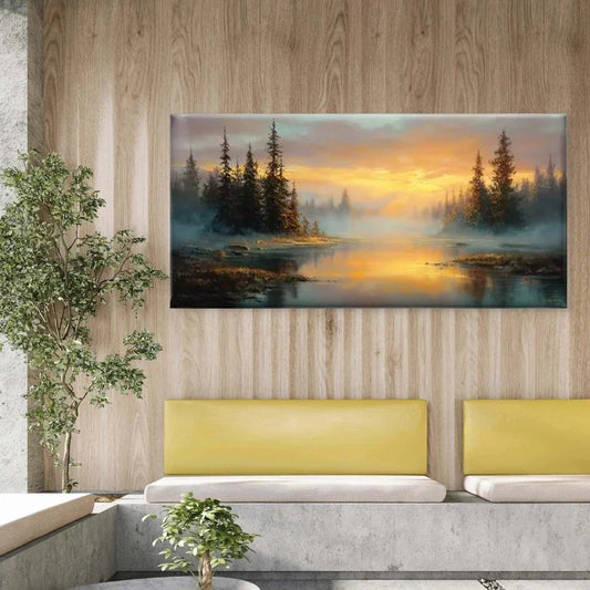 Golden Sunlight & Pine Trees Wall Art Canvas Office Home Room Framed 80x45cm