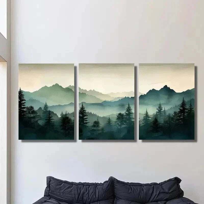 3pcs Foggy Mountains and Forest Landscape Wall Art Set Canvas Framed 40x60cm - High Quality Print 100% Australian Made Wall Canvas Ready to Hang