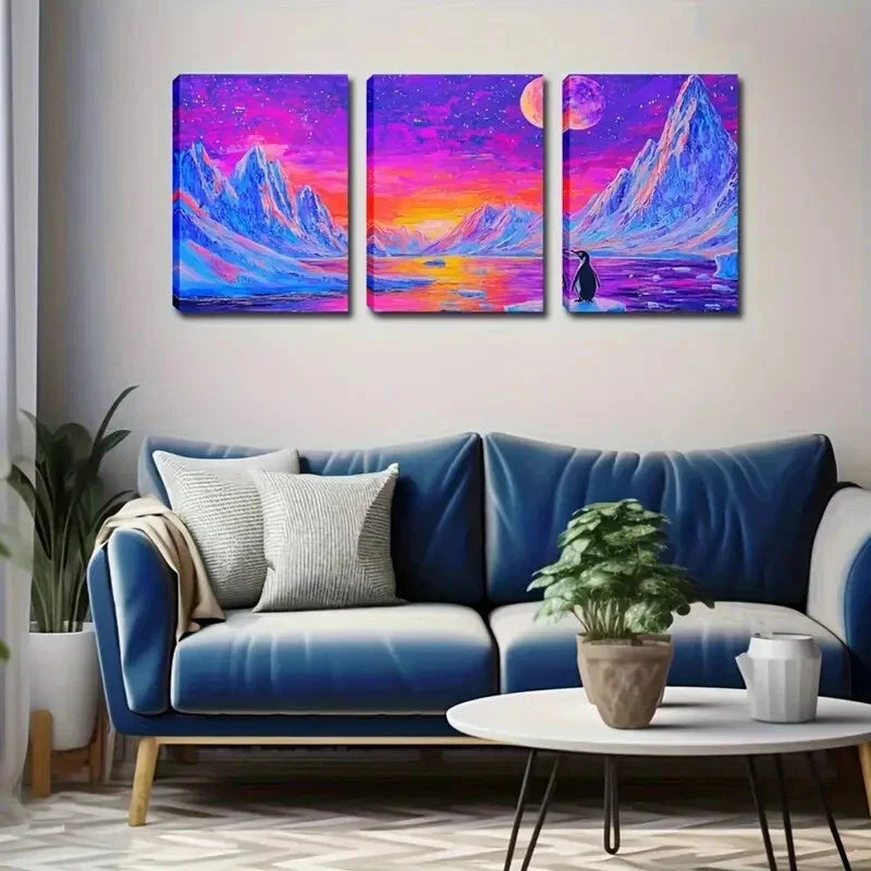 3pcs  Moon in the Style of a Mountain Landscape Wall Art Set Canvas Framed 40x60cm - High Quality Print 100% Australian Made Wall Canvas Ready to Hang