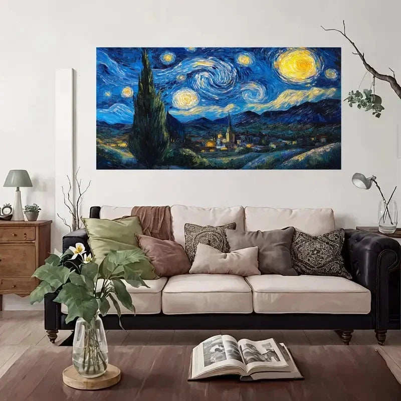 Starry Night Sky & Village Land Wall Art Canvas Office Home Room Framed 80x45cm