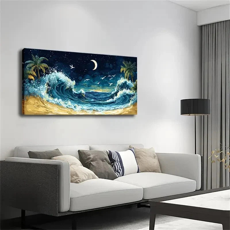 Starry Night Sky & Ocean Waves Wall Art Canvas Office Home Room Framed 120x60cm
