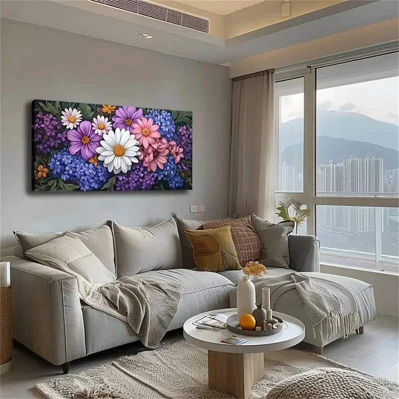 Vibrant Floral Cluster Colorful Wall Art Canvas Office Home Room Framed 120x60cm