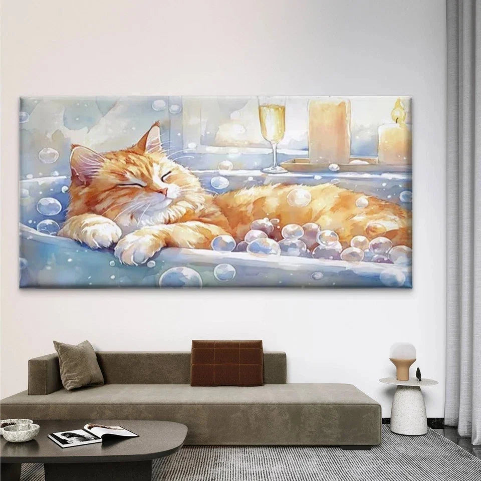 Tabby Cat in Bathtub Wall Art Canvas Office Home Room Framed 120x60cm