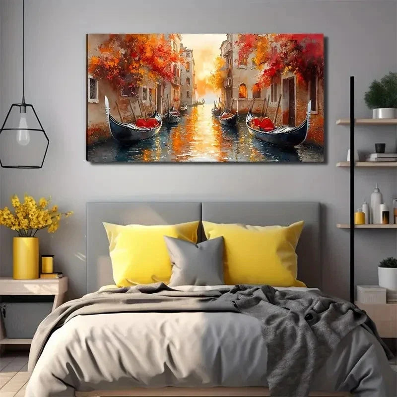 Venice Gondolas Acrylic Paint Wall Art Canvas Office Home Room Framed 120x60cm