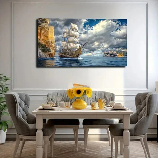 Opalescent Sails & Ocean Waves Wall Art Canvas Office Home Room Framed 120x60cm