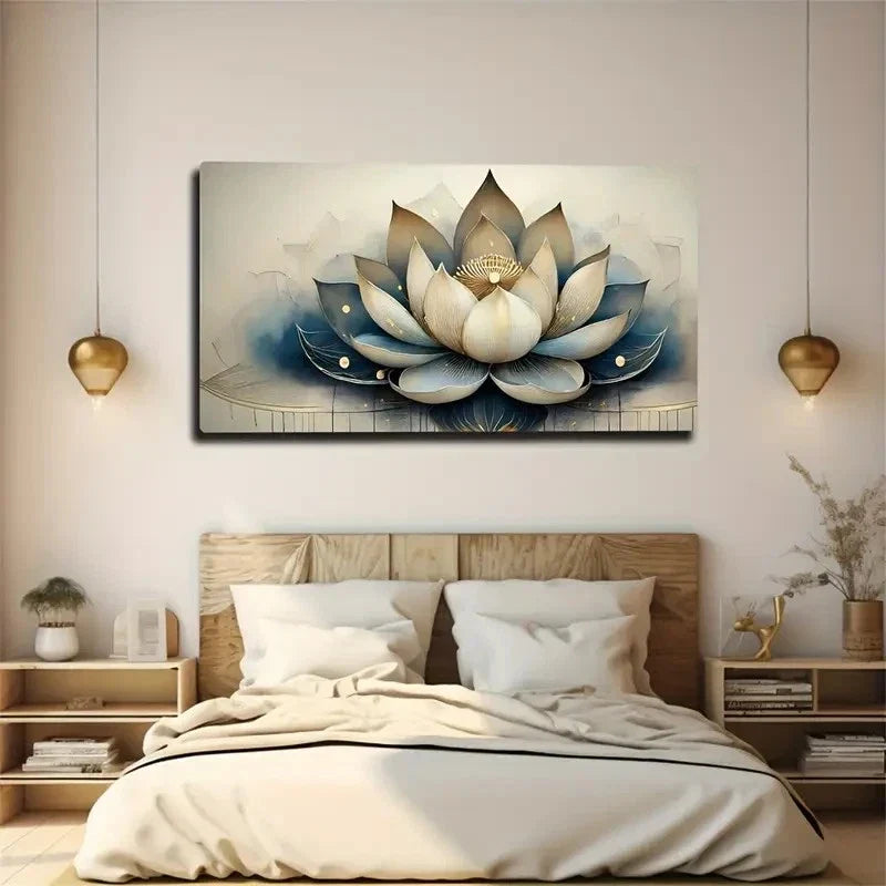 Elegant Lotus Flower Golden Wall Art Canvas Office Home Room Framed 120x60cm