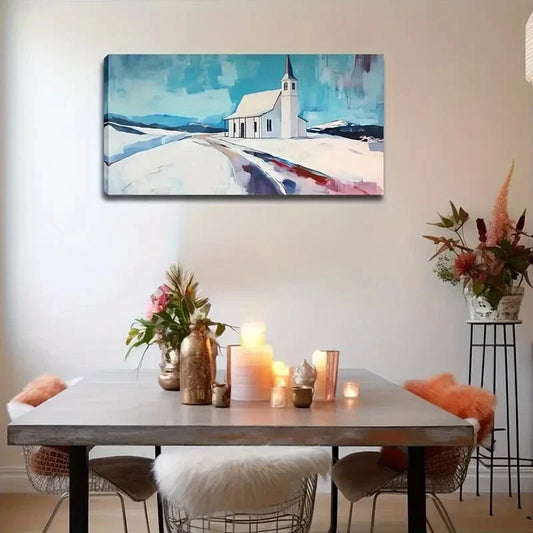 Snowy Landscape White Church Wall Art Canvas Office Home Room Framed 120x60cm