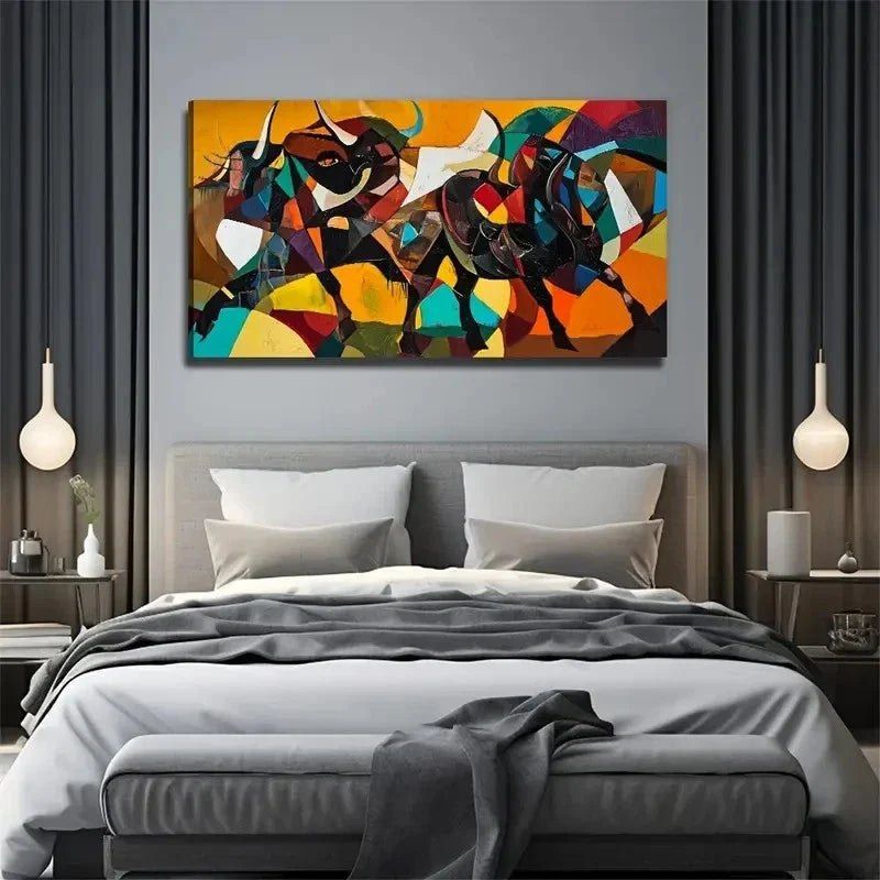 Battle Of Two Bulls Perfect Wall Art Canvas Office Home Room Framed 120x60cm